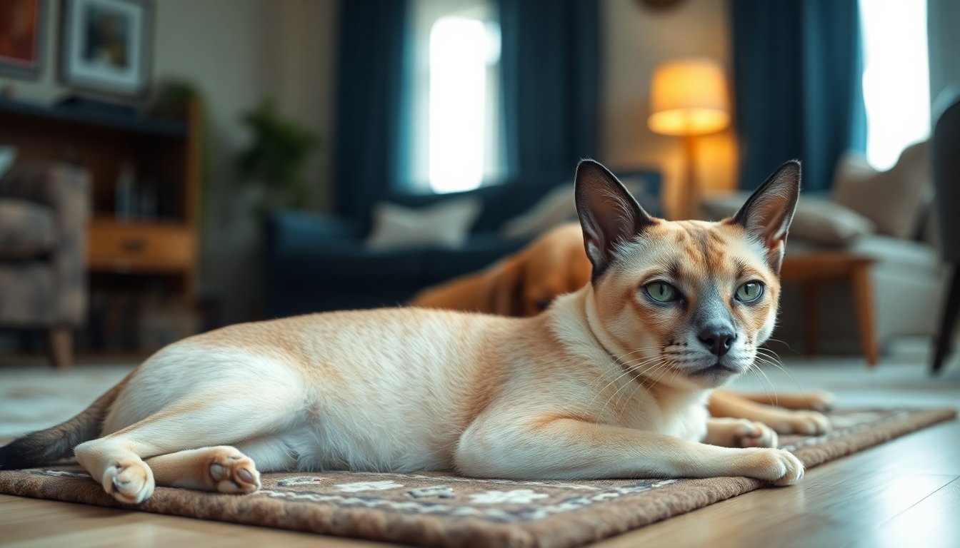 Chat croisé Siamois cohabitant avec un chien dans un salon