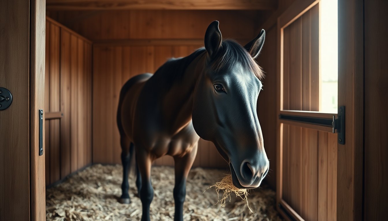 Cheval mangeant du foin dans son box