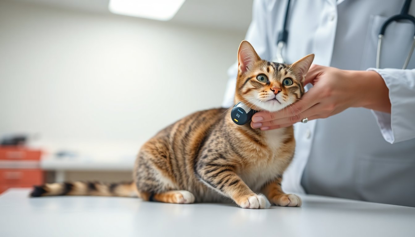 Lecture d'une puce électronique sur un chat chez le vétérinaire
