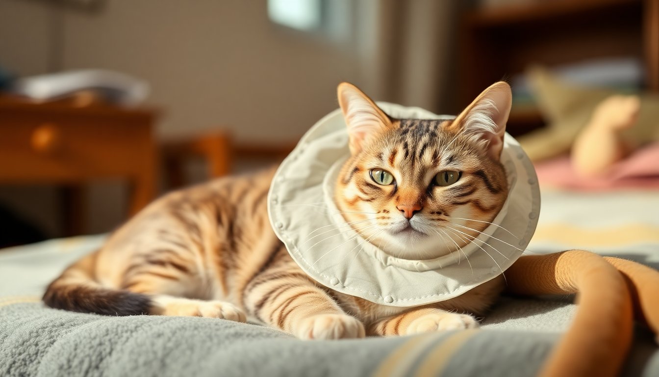 Chat portant une collerette au repos après une stérilisation